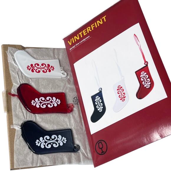 NEW Set (3) GLASS CHRISTMAS STOCKINGS Red White Gray Holiday Decor Vinterfint - Picture 4 of 5